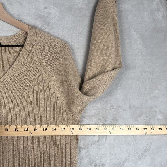 TALBOTS Sweater Women’s Sz L Tan Cotton Long Balloon Sleeve V-Neck Ribbed Raglan - Picture 6 of 10